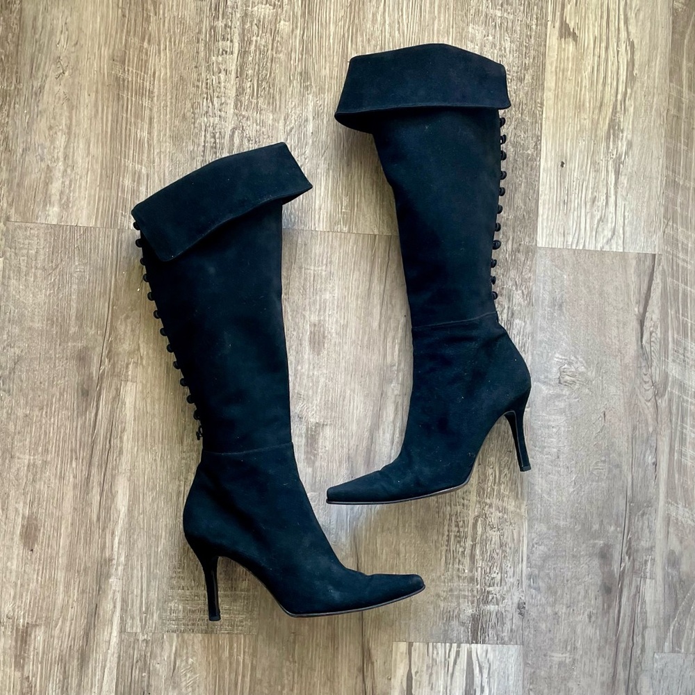 Stuart Weitzman Black Suede Button Down Cuffed Knee-High Heeled Boots Size 8.5 - Picture 16 of 16